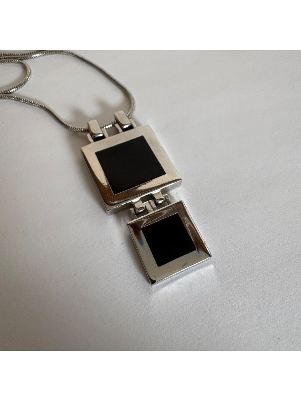 Black Double Square Pendant Necklace Silver Tone Snake Chain Minimalist Modern